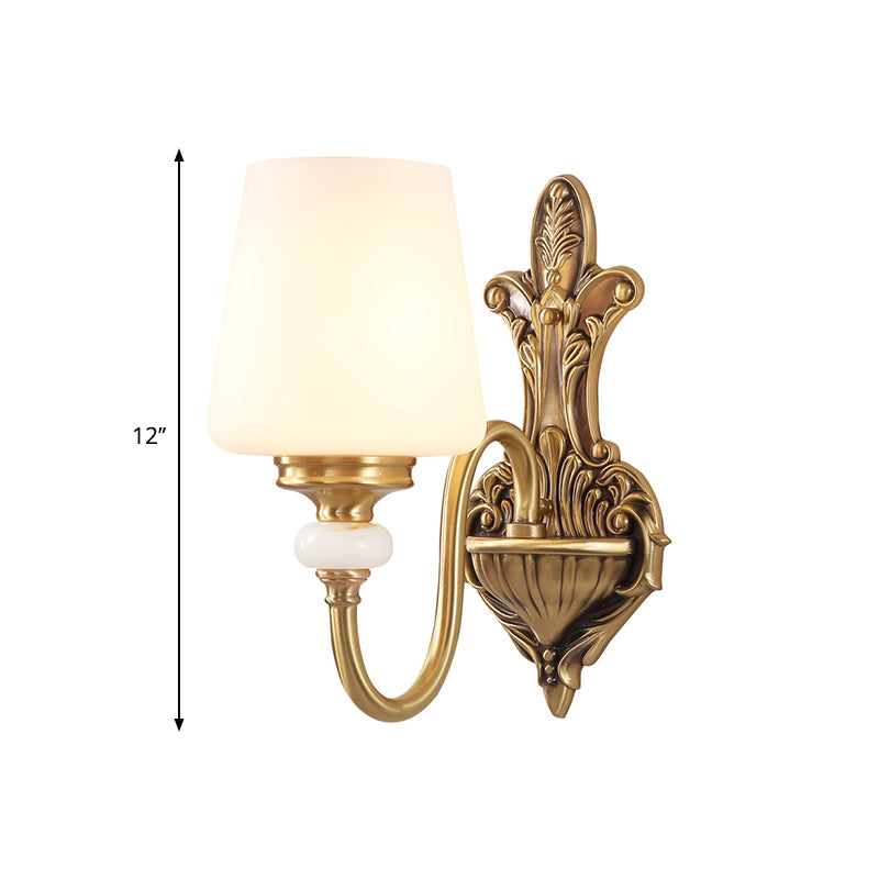 Vintage-Style Opal Glass Tapered Sconce Light With Golden Gooseneck Arm - Bedroom Wall Mount