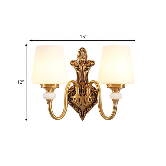 Vintage-Style Opal Glass Tapered Sconce Light With Golden Gooseneck Arm - Bedroom Wall Mount