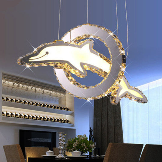 Contemporary Crystal LED Dolphin Chandelier: Chrome Hanging Light in White/Warm/Natural