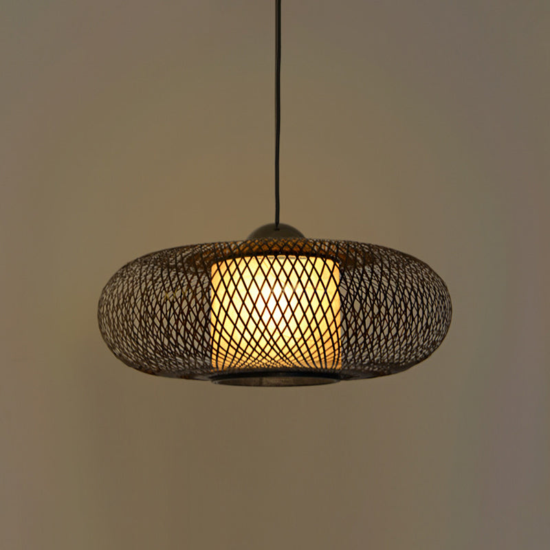 Modern Bamboo Donut Ceiling Lamp in Black/Wood for Living Room