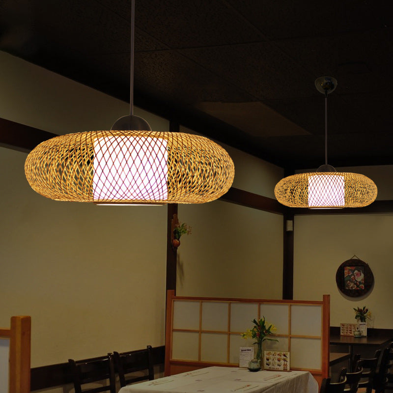 Modern Bamboo Donut Ceiling Lamp in Black/Wood for Living Room