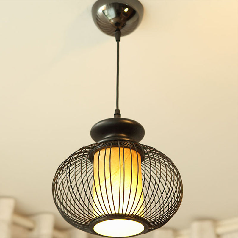 Tradition Bamboo Urn Pendant Lighting Kit For Bedroom - Black/Wood Hanging Lamp 1 Bulb 10/12 Wide