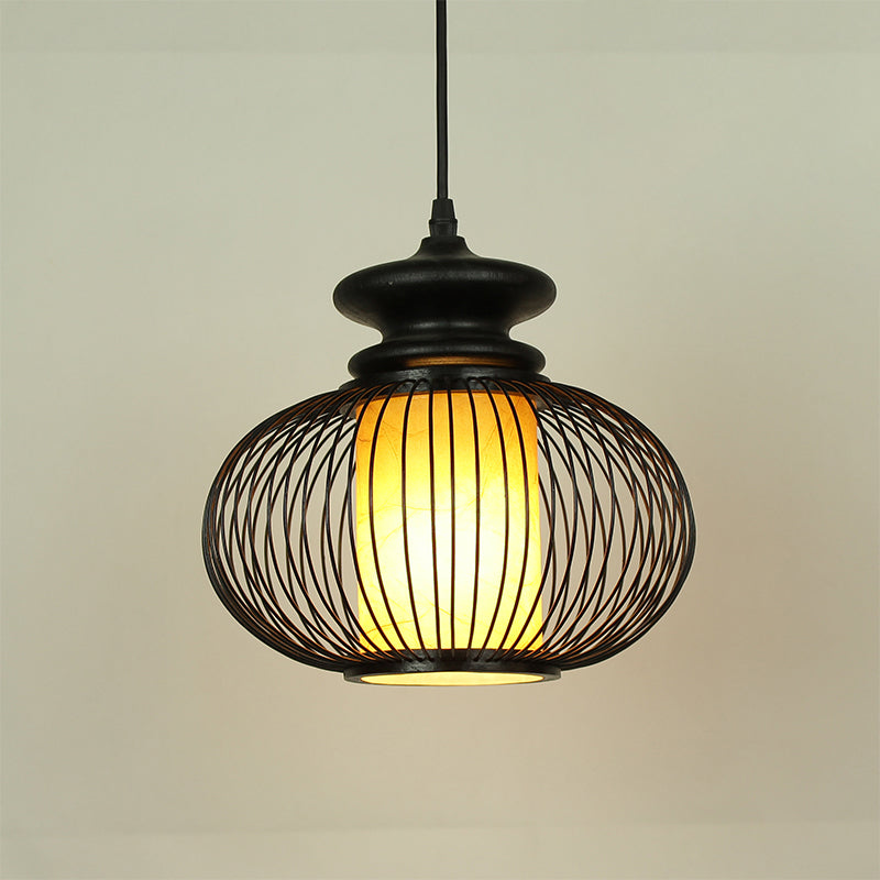 Black/Wood Bamboo Urn Pendant Light Fixture for Bedroom - 10"/12" Wide