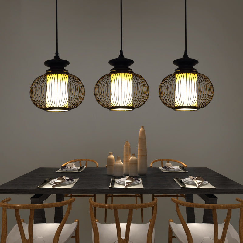 Tradition Bamboo Urn Pendant Lighting Kit For Bedroom - Black/Wood Hanging Lamp 1 Bulb 10/12 Wide