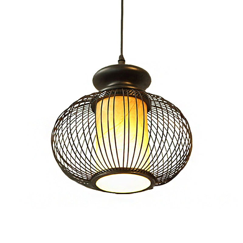 Black/Wood Bamboo Urn Pendant Light Fixture for Bedroom - 10"/12" Wide