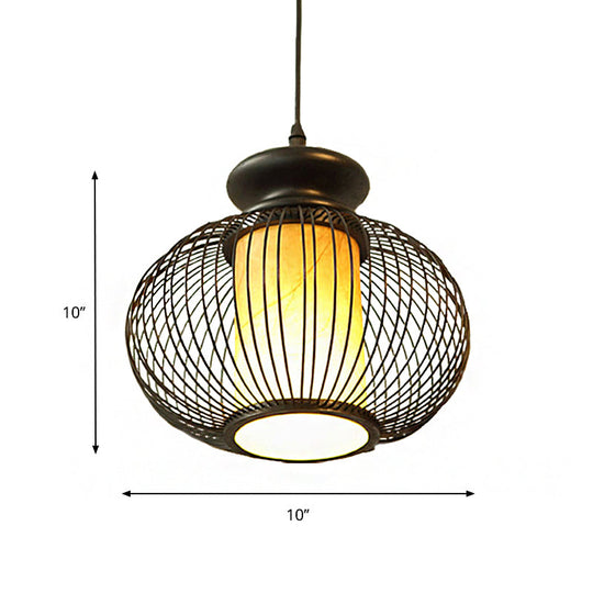 Black/Wood Bamboo Urn Pendant Light Fixture for Bedroom - 10"/12" Wide