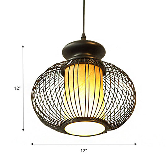 Black/Wood Bamboo Urn Pendant Light Fixture for Bedroom - 10"/12" Wide