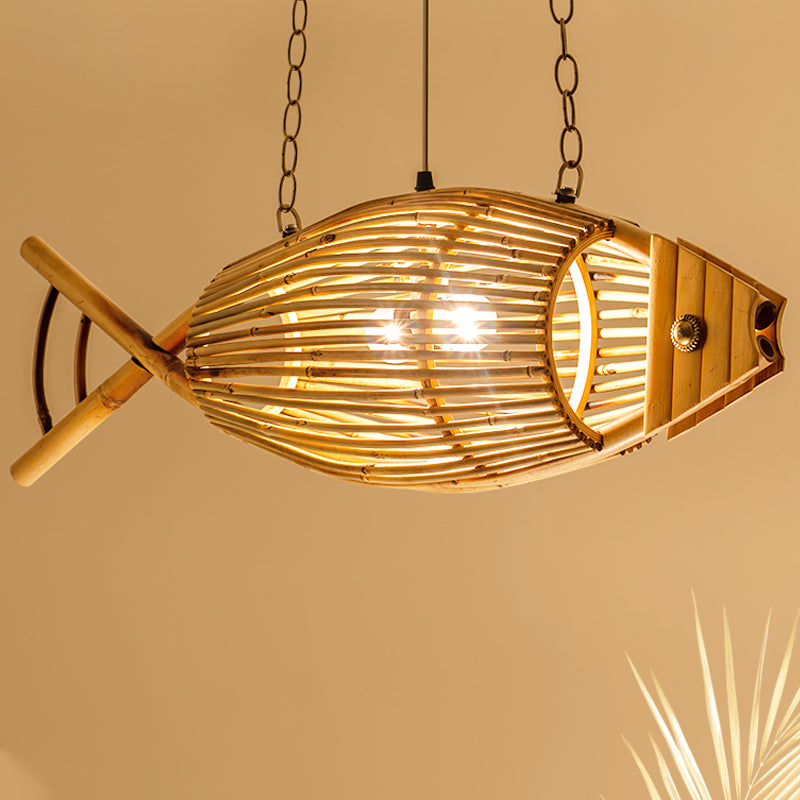 Fish Bamboo Tearoom Ceiling Light: Asian Wood Pendant Fixture with 1 Bulb