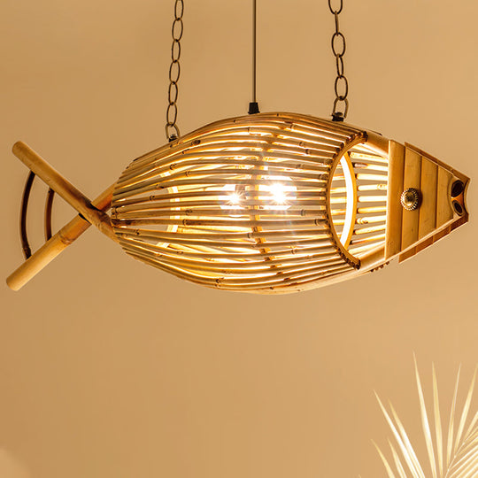 Tearoom Pendant Light Fixture - Asian Wood With Fish Bamboo Shade