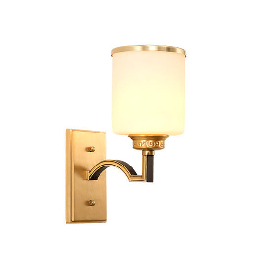 Traditional Milk Glass Wall Sconce In Gold - Cylindrical Living Room Light Fixture