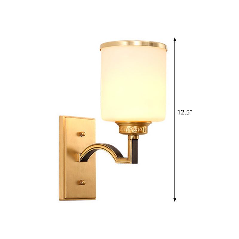 Traditional Milk Glass Wall Sconce In Gold - Cylindrical Living Room Light Fixture