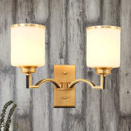 Traditional Milk Glass Wall Sconce In Gold - Cylindrical Living Room Light Fixture 2 /