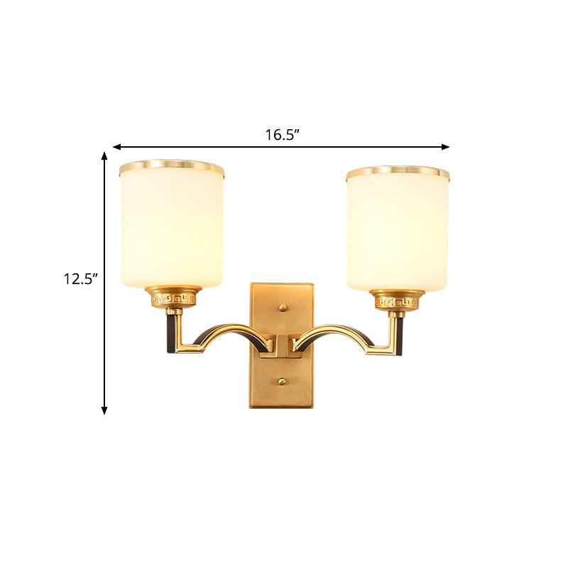 Traditional Milk Glass Wall Sconce In Gold - Cylindrical Living Room Light Fixture