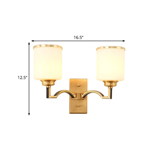 Traditional Milk Glass Wall Sconce In Gold - Cylindrical Living Room Light Fixture