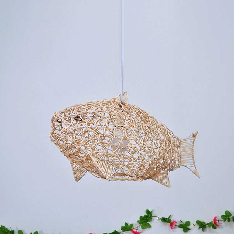 Traditional Bamboo Pendant Lamp - Wood Fish Design With 1 Bulb Hanging Kit For Restaurants