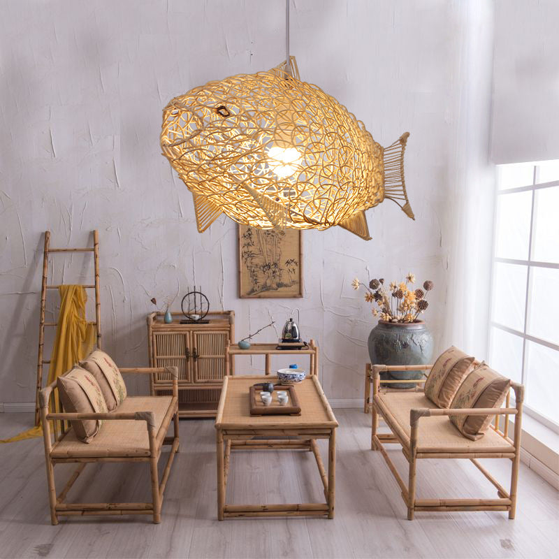 Fish Pendant Lighting - Bamboo Hanging Lamp Kit with 1 Bulb for Restaurants