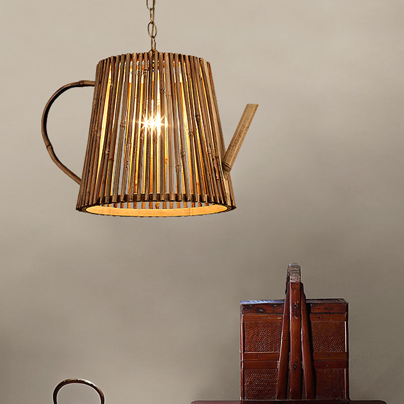 Bamboo Teapot Pendant Light - Rustic Wood Hanging Lamp With Adjustable Chain