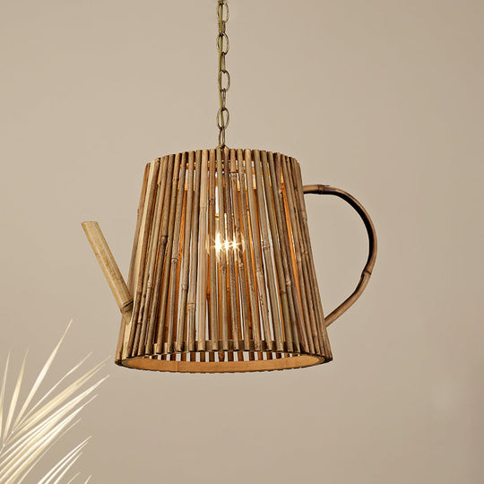 Bamboo Teapot Pendant Light - Rustic Wood Hanging Lamp With Adjustable Chain