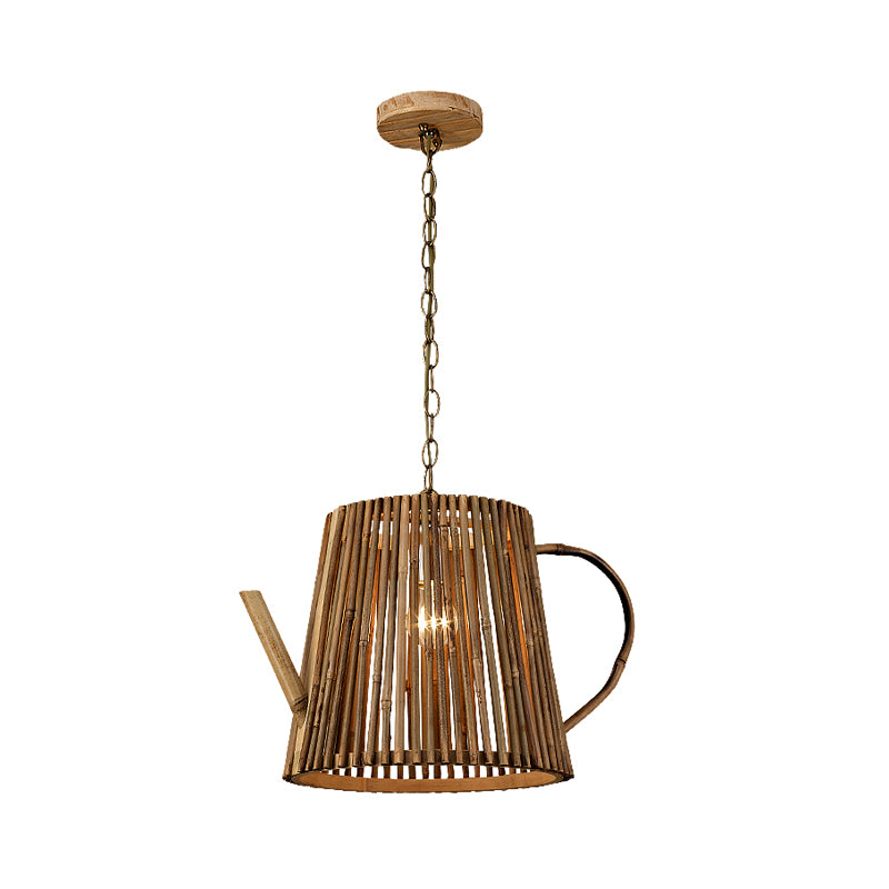 Bamboo Teapot Pendant Lighting - Wood Hanging Lamp with Adjustable Chain, 1 Bulb Kit