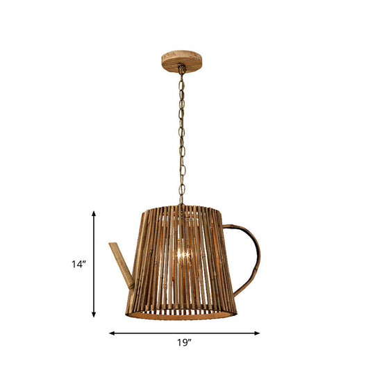 Bamboo Teapot Pendant Lighting - Wood Hanging Lamp with Adjustable Chain, 1 Bulb Kit