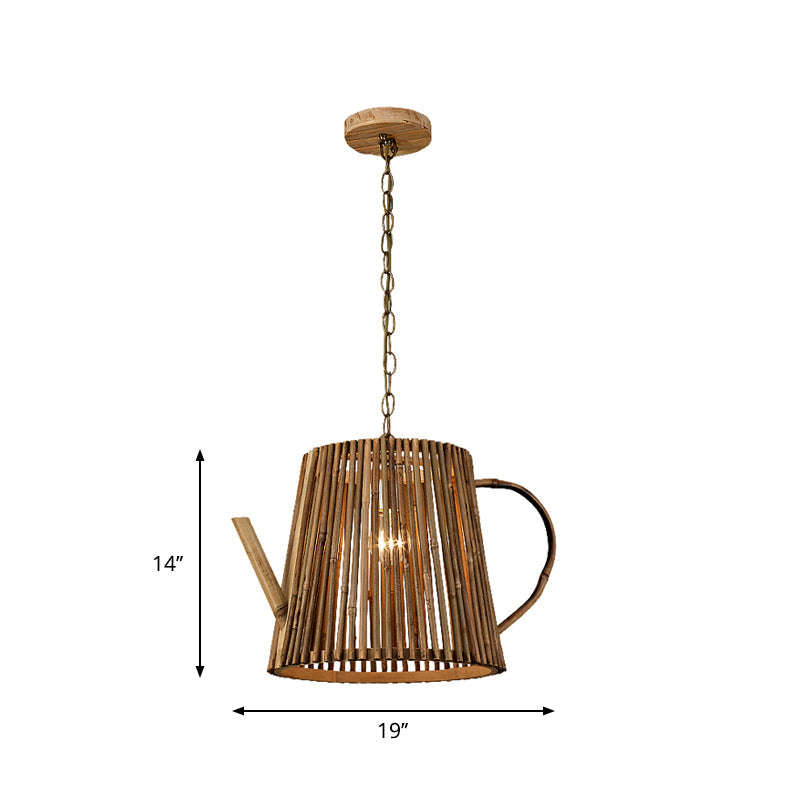 Bamboo Teapot Pendant Light - Rustic Wood Hanging Lamp With Adjustable Chain