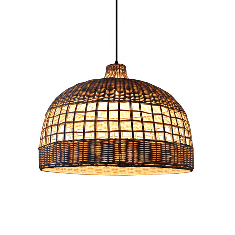 Modernist Wood Bowl Pendant Light With Bamboo Shade - 1-Bulb Hanging Fixture