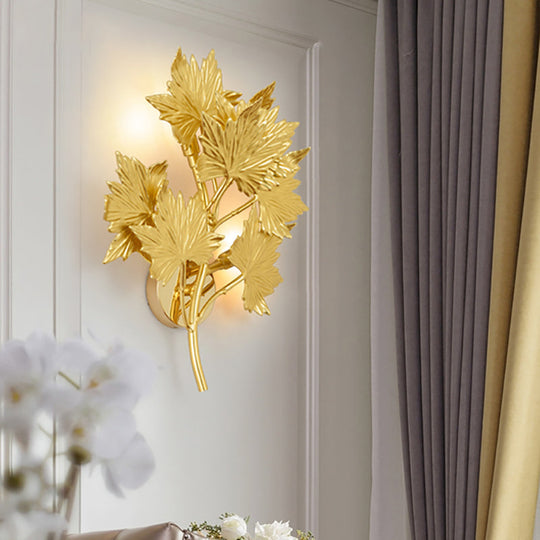 Traditional Style Wall Mounted Maple Leaf Aluminum Gold Light Fixture - 2/10 Lights For Living Room