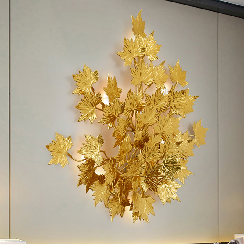 Traditional Style Wall Mounted Maple Leaf Aluminum Gold Light Fixture - 2/10 Lights For Living Room