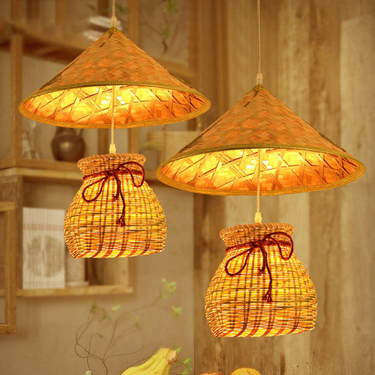 Traditional Bamboo Cone Pendant With Wooden Basket - Hanging Ceiling Light Wood / A