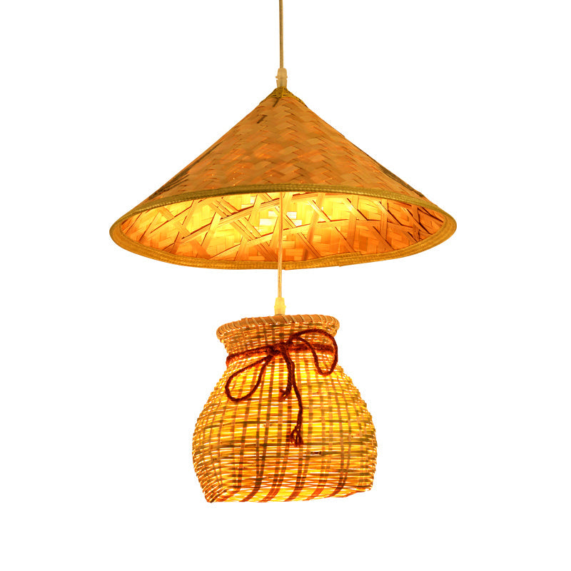 Traditional Bamboo Cone Pendant With Wooden Basket - Hanging Ceiling Light