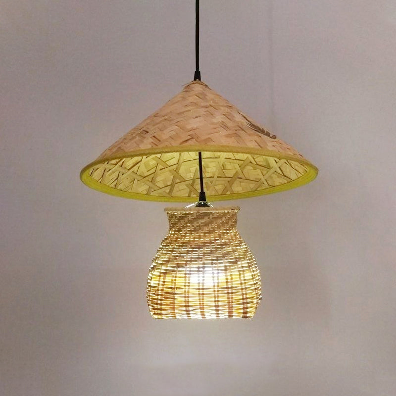 Traditional Bamboo Cone Pendant - 1 Head Wooden Suspended Ceiling Light with Basket