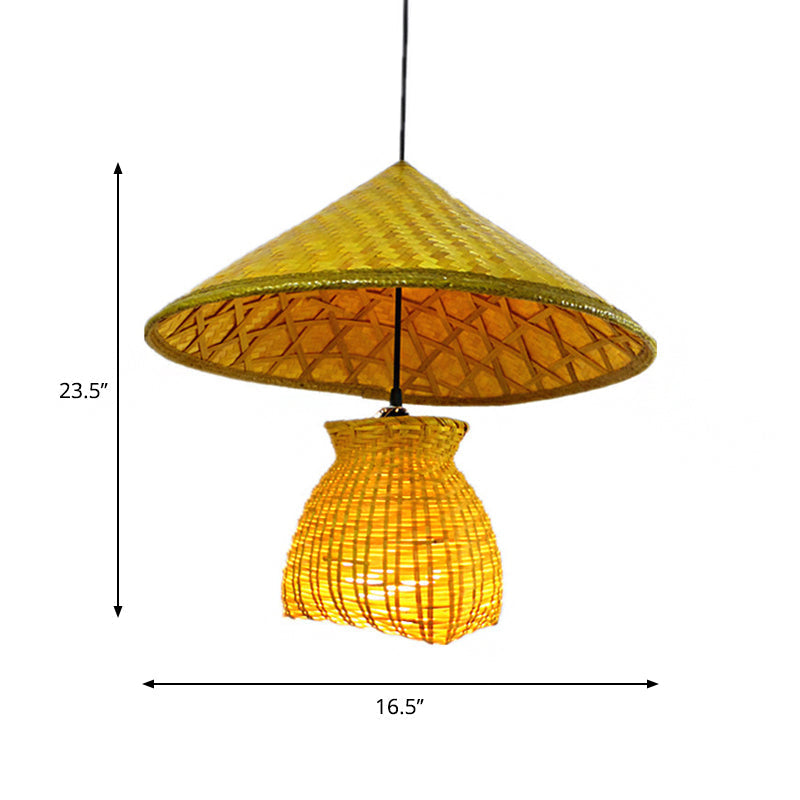 Traditional Bamboo Cone Pendant With Wooden Basket - Hanging Ceiling Light