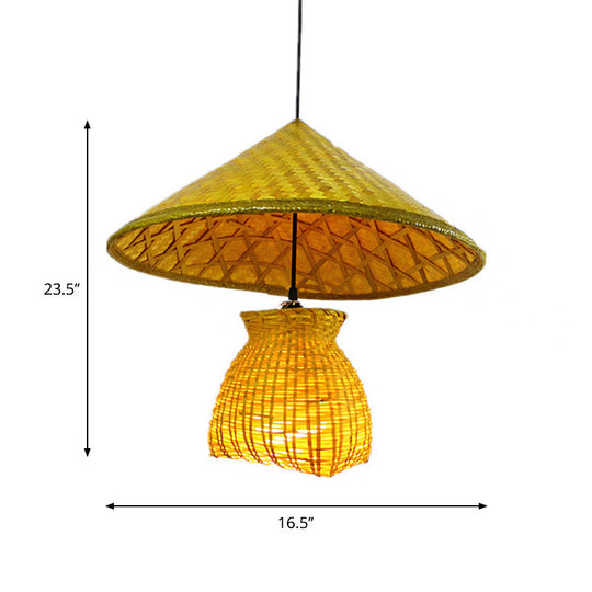 Traditional Bamboo Cone Pendant With Wooden Basket - Hanging Ceiling Light