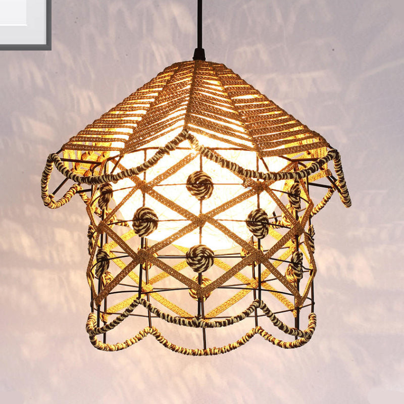 Asian Wood Tearoom Ceiling Light With Bamboo Shade - 1 Bulb Pendant Fixture / House