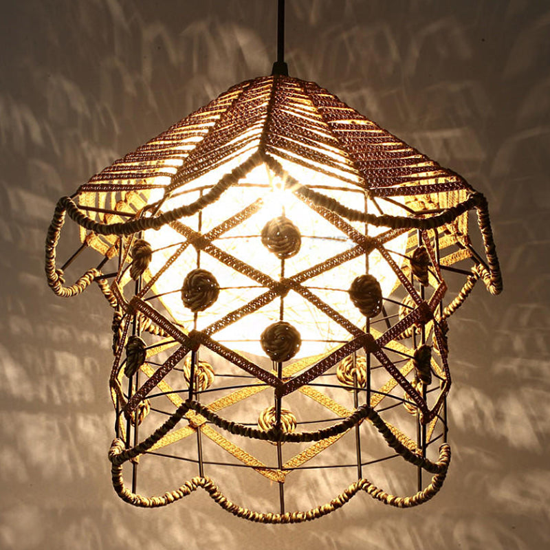 Wood Pendant Ceiling Light with Asian-Inspired Bamboo Shade