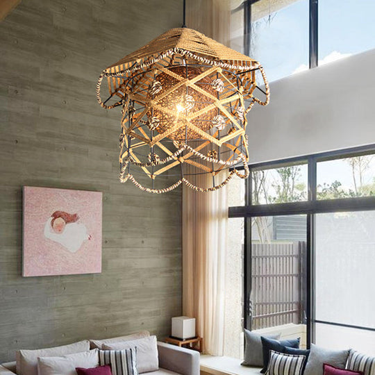 Wood Pendant Ceiling Light with Asian-Inspired Bamboo Shade