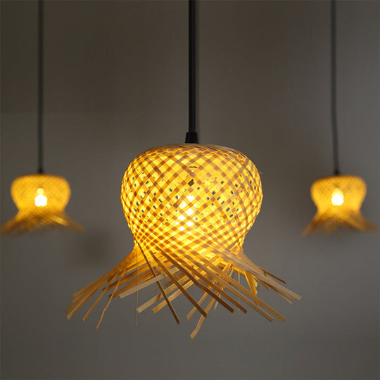 Traditional 6-Bulb Pendant Light With Bamboo Shade: Wood Woven Hanging Lamp Kit