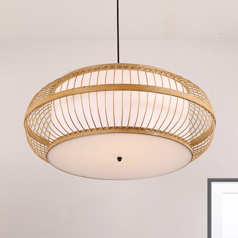 Contemporary Bamboo Pendant Light Kit - Rounded Drum Suspension, 1 Bulb - Wood Hanging Light, 18"/21.5"/23.5" Wide