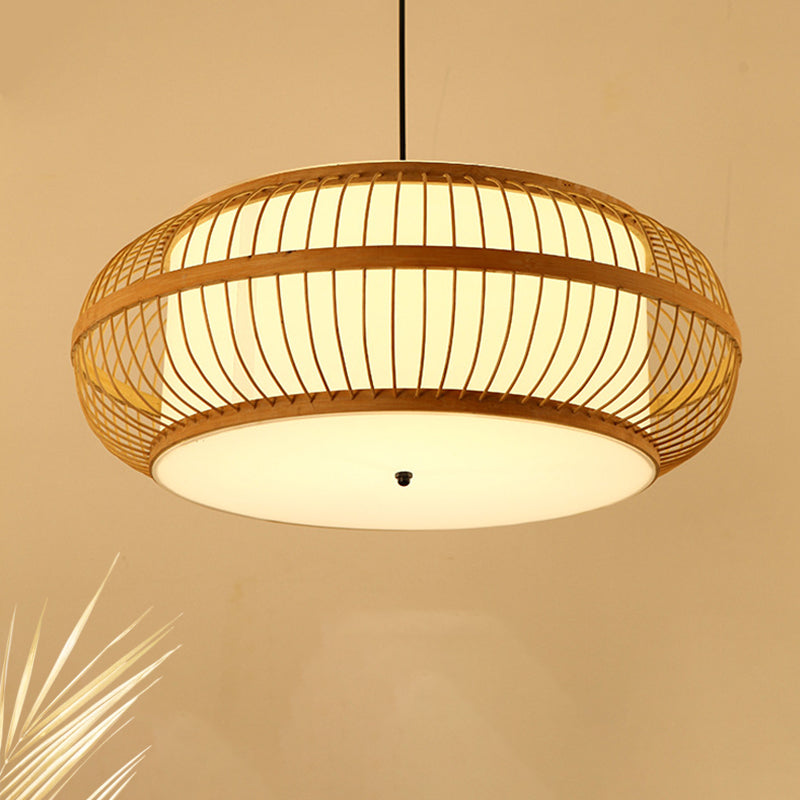 Contemporary Bamboo Pendant Light With Rounded Drum Suspension - 1 Bulb Wood Hanging Kit