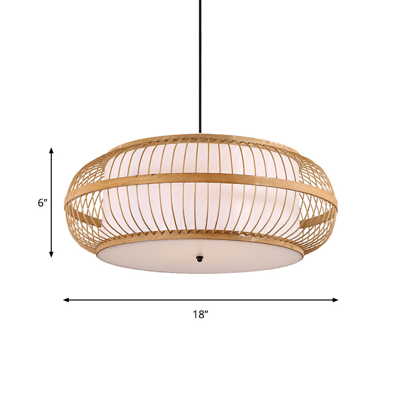 Contemporary Bamboo Pendant Light With Rounded Drum Suspension - 1 Bulb Wood Hanging Kit