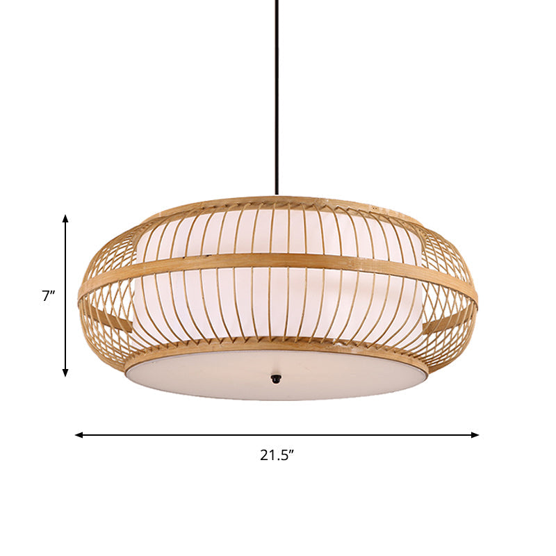 Contemporary Bamboo Pendant Light With Rounded Drum Suspension - 1 Bulb Wood Hanging Kit