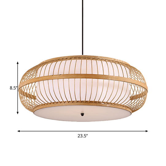 Contemporary Bamboo Pendant Light With Rounded Drum Suspension - 1 Bulb Wood Hanging Kit