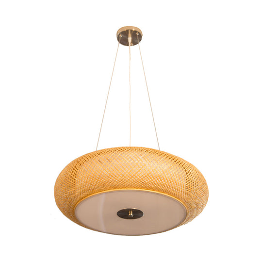 Retro Bamboo Donut Ceiling Lamp - 12"/16"/19.5" Wide - Wood Hanging Light Fixture with 3 Bulbs