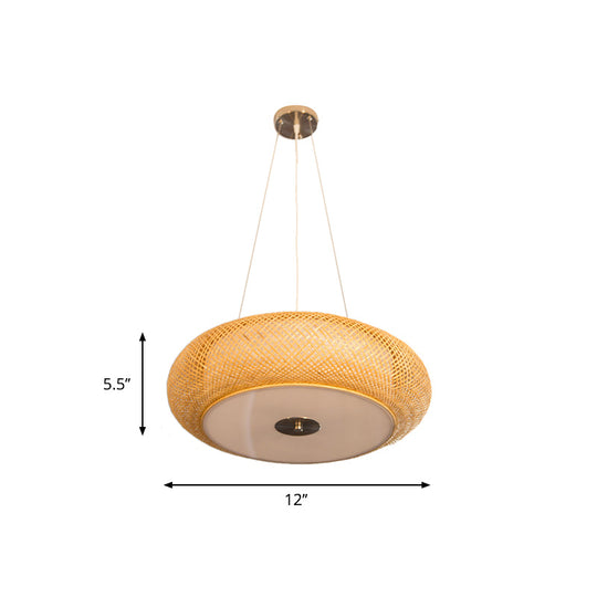 Retro Bamboo Donut Ceiling Lamp - 12"/16"/19.5" Wide - Wood Hanging Light Fixture with 3 Bulbs