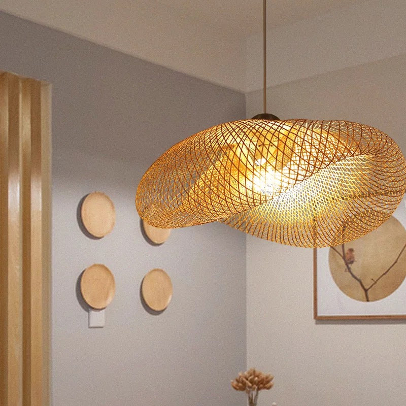 Handmade Wood Pendant Light with Bamboo Shade - Modern 1 Bulb Hanging Lamp