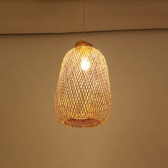 Handmade Wood Pendant Light with Bamboo Shade - Modern 1 Bulb Hanging Lamp