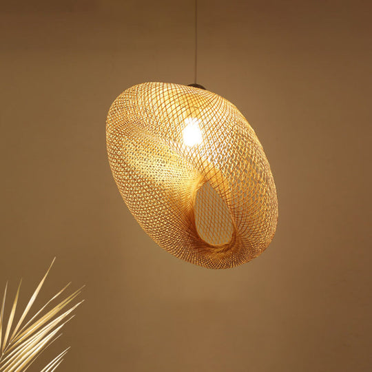 Handmade Wood Pendant Light with Bamboo Shade - Modern 1 Bulb Hanging Lamp