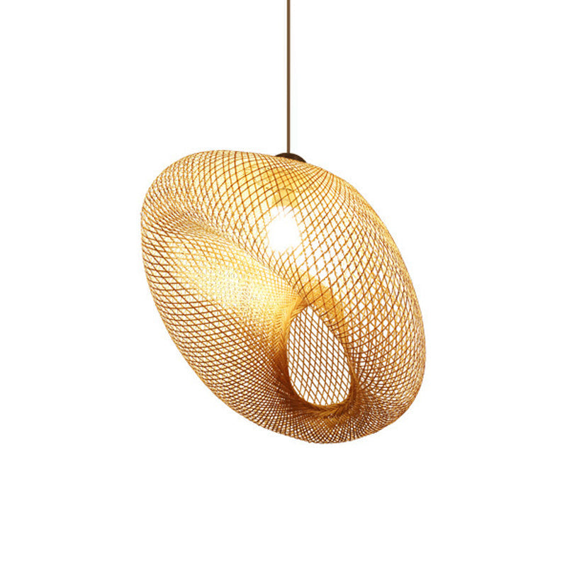 Handmade Wood Pendant Light with Bamboo Shade - Modern 1 Bulb Hanging Lamp