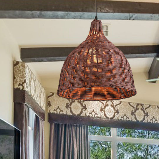 Contemporary Bamboo Basket/Trumpet Hanging Lamp: Wood Pendant Light Perfect For Restaurants / B