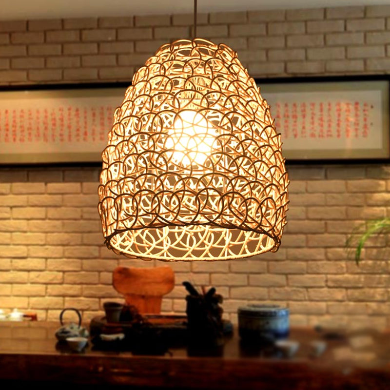 Contemporary Bamboo Basket/Trumpet Hanging Lamp: Wood Pendant Light Perfect For Restaurants / A